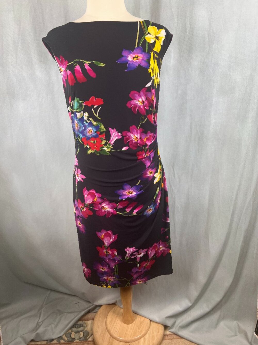 VINTAGE LAUREN RALPH LAUREN Black Floral Stretch Ruched Waist Sheath Dress Sz 14